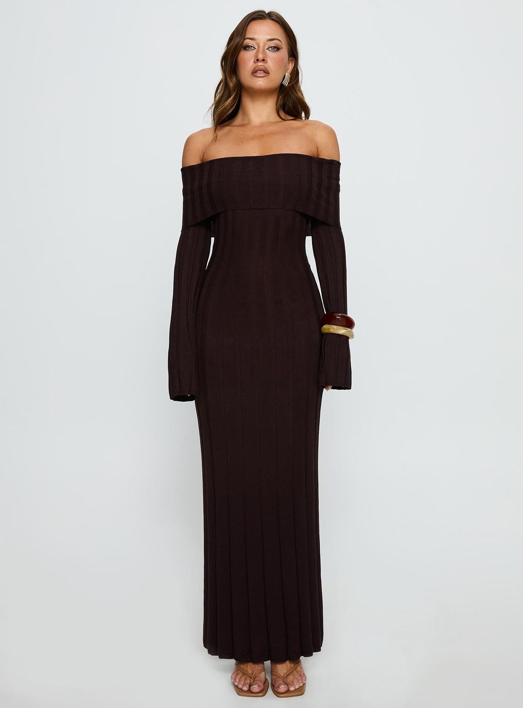 Ellouisa Long Sleeve Rib Maxi Dress Chocolate