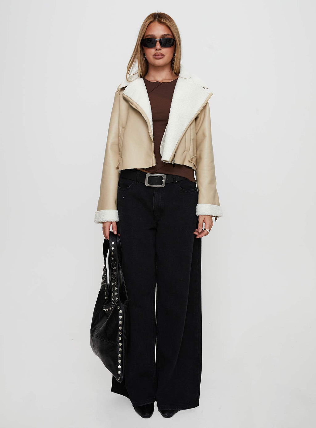 Shearling Trim Faux Leather Jacket Beige