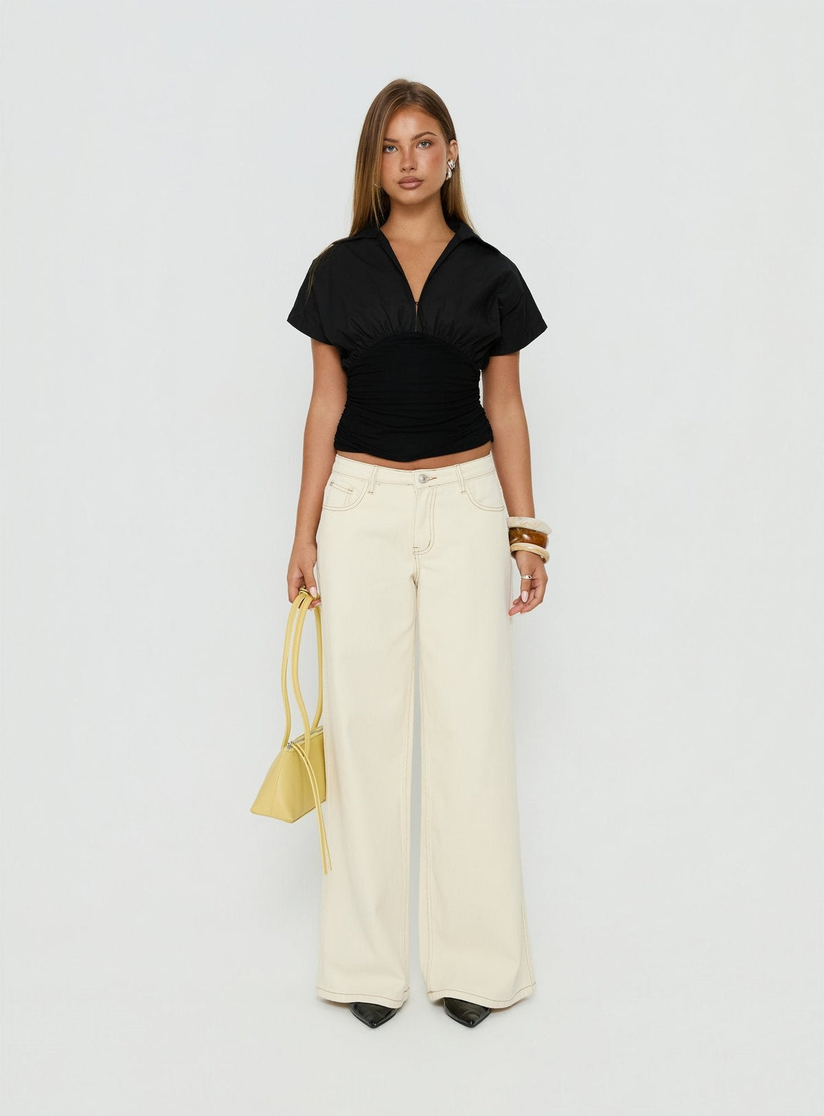 Ramos Low Rise Wide Leg Denim Jeans Cream