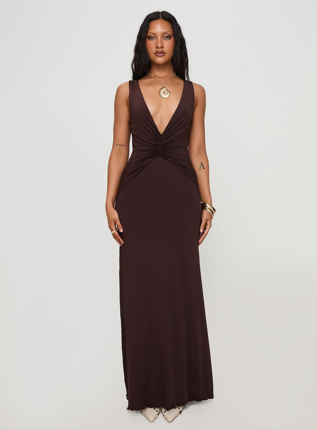 Frederica Plunge Maxi Dress Chocolate Petite