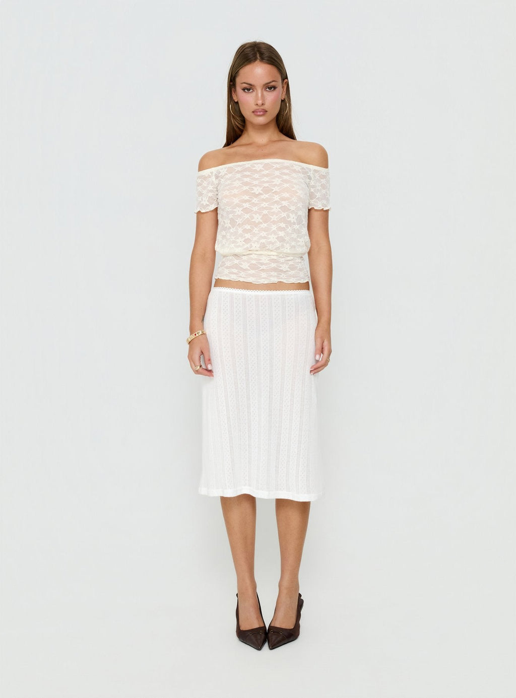 Coralyne Pointelle Midi Skirt White