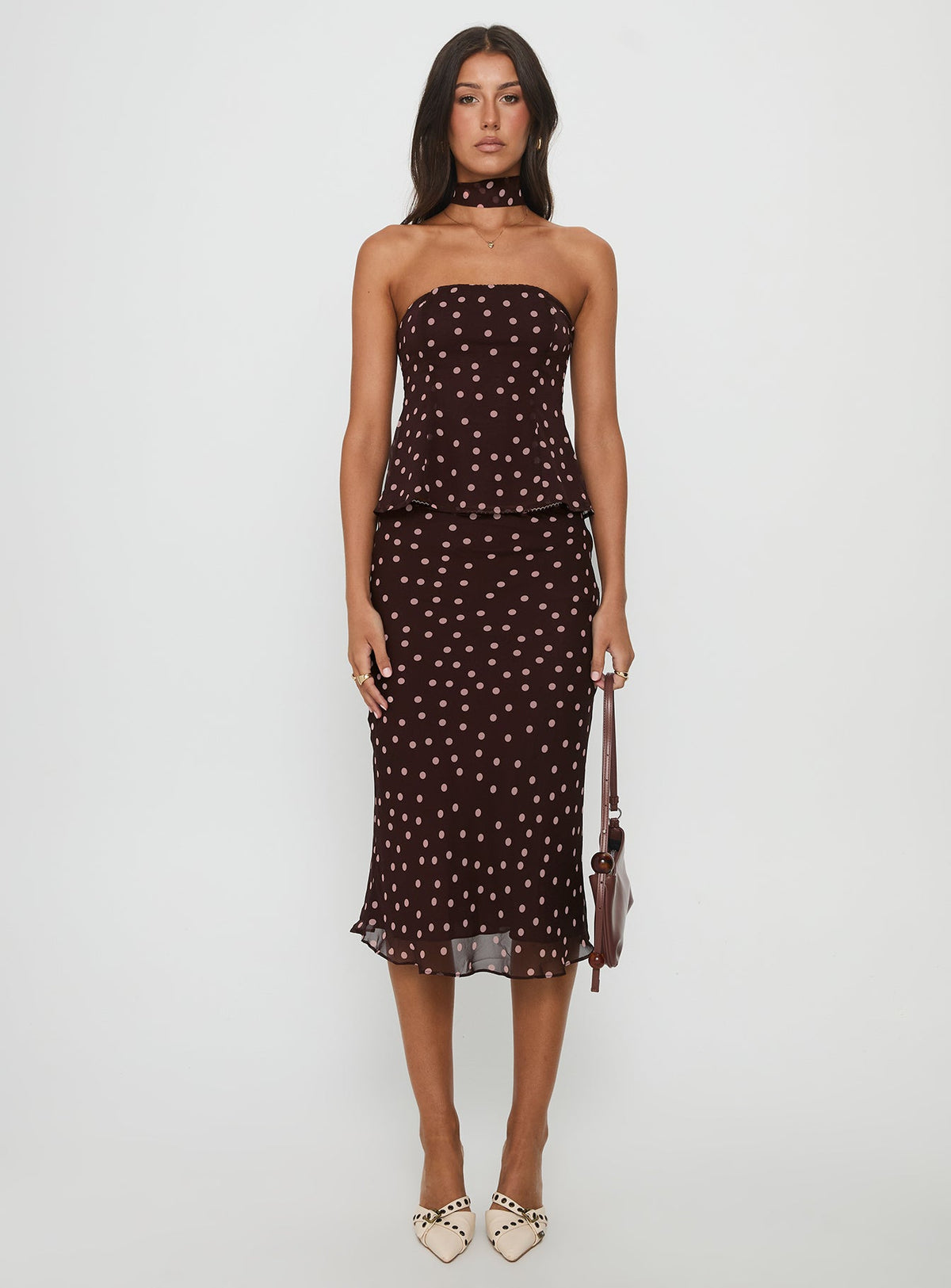 Sydni Midi Bias Cut Skirt Chocolate / Pink Polka