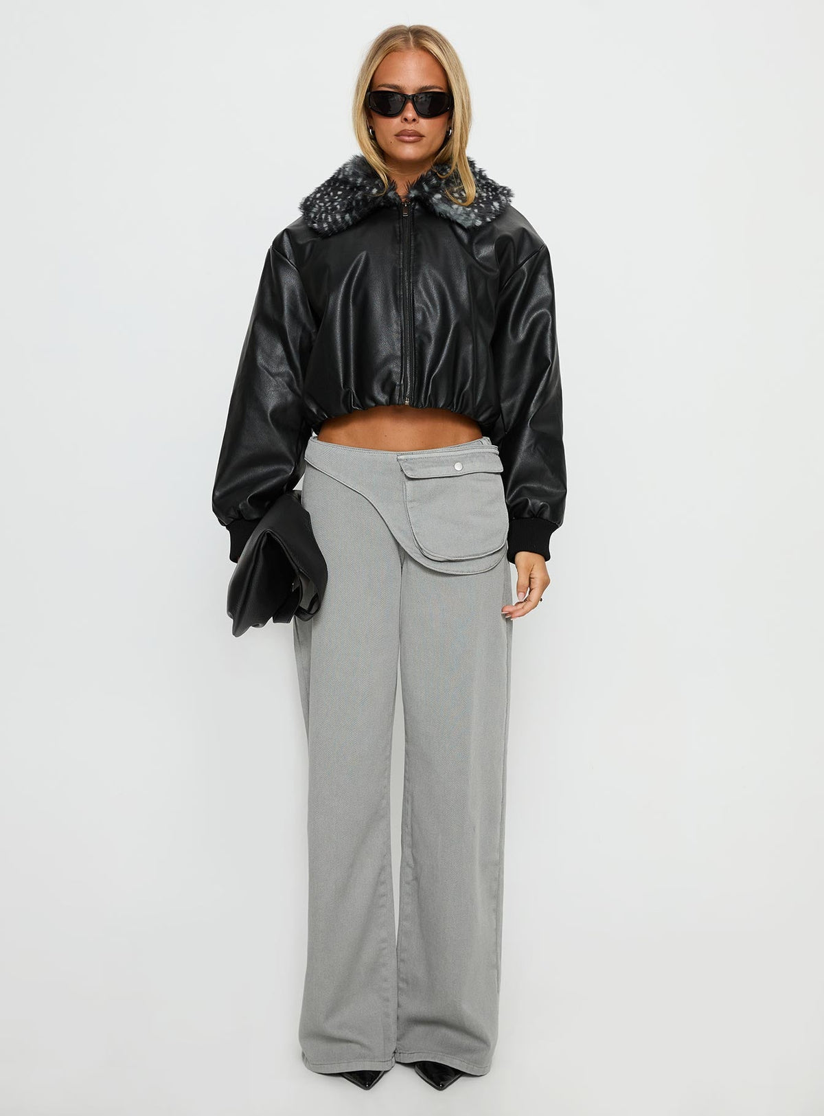 Koemi Faux Leather Collared Jacket Black