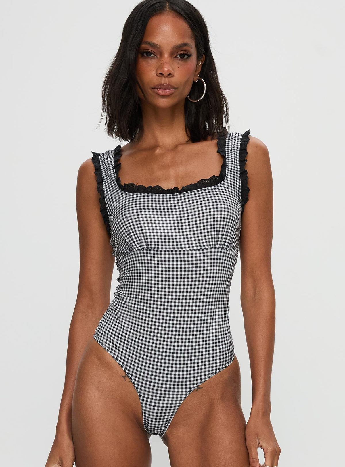 Trustfund Lace Trim Bodysuit Black / White Check