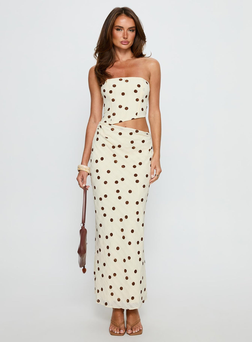 Jasira Strapless Drape Maxi Dress Cream Polka Dot