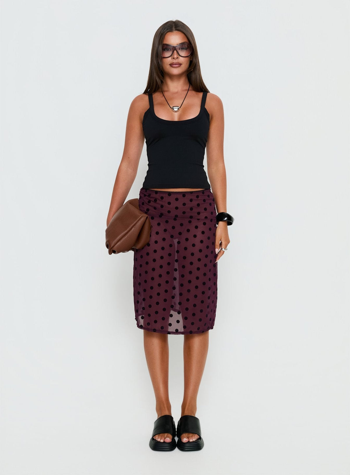 Evani Sheer Chiffon Midi Skirt Polka Maroon