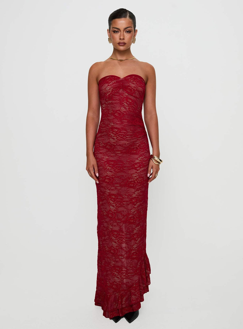 Hailees Lace Strapless Maxi Dress Red
