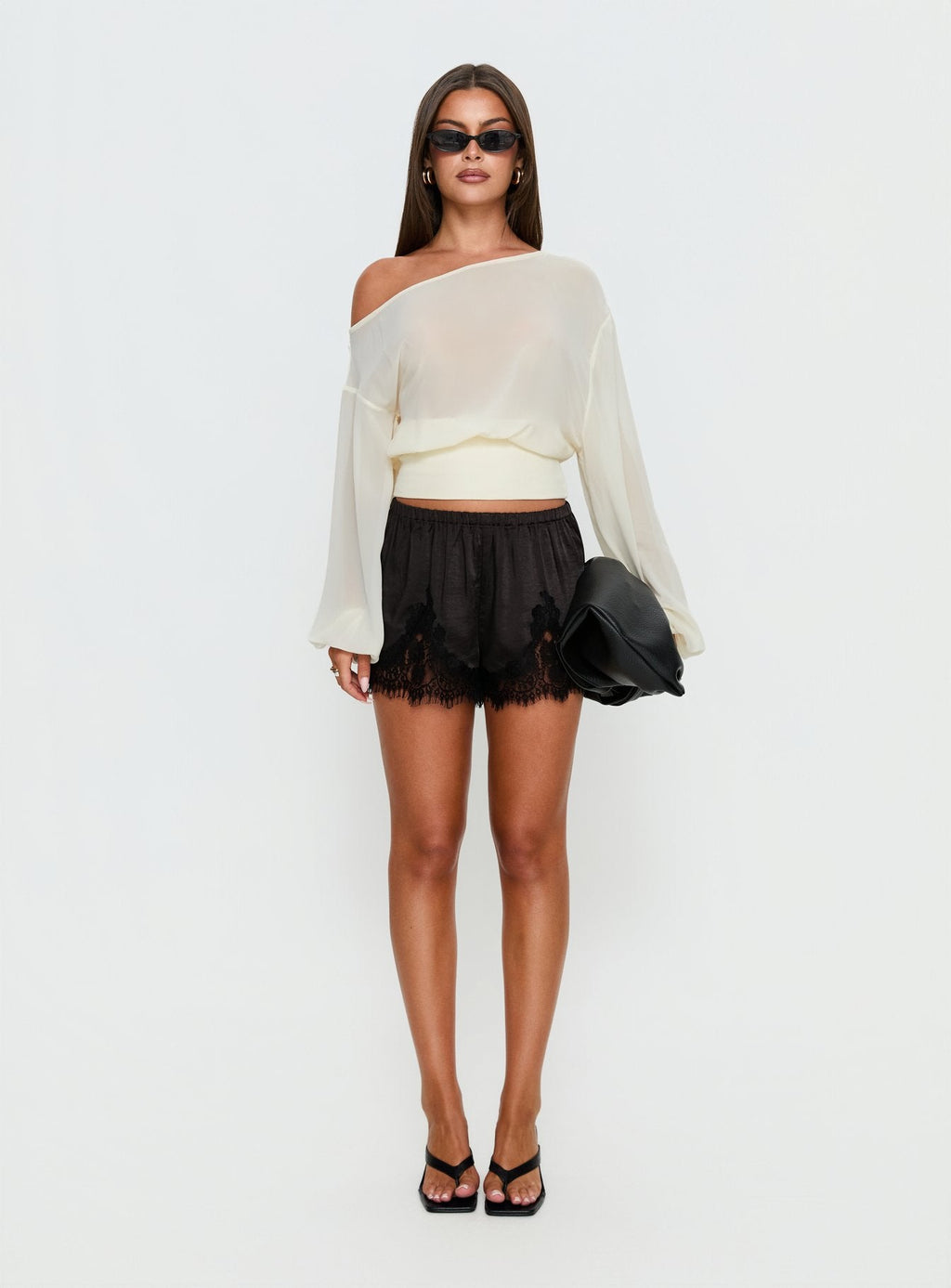 Parisse Satin Lace Trim Shorts Black