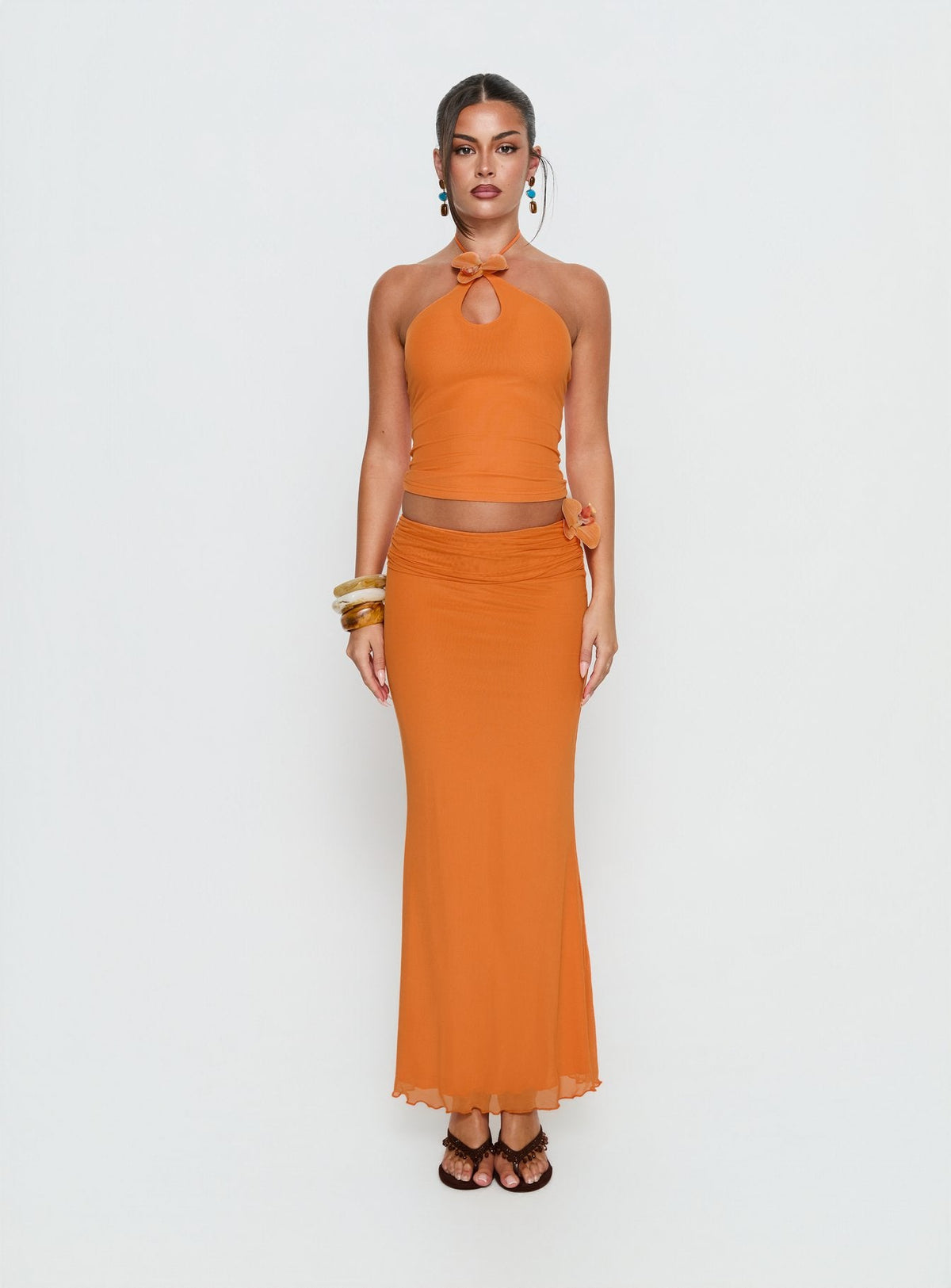 Star Fruit Ruched Waist Maxi Skirt Orange