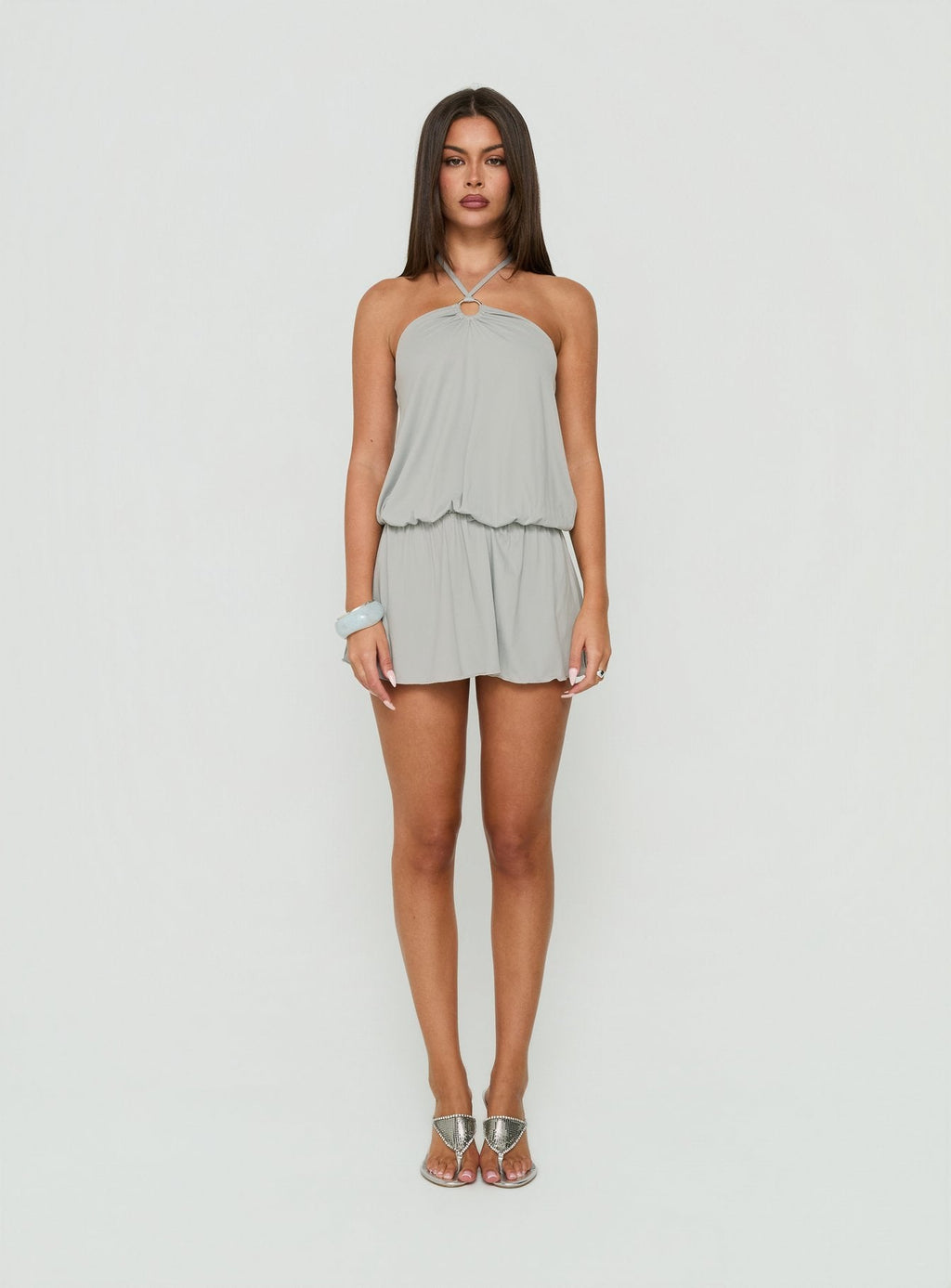 Roksy Tie Neck Drapey Romper Grey