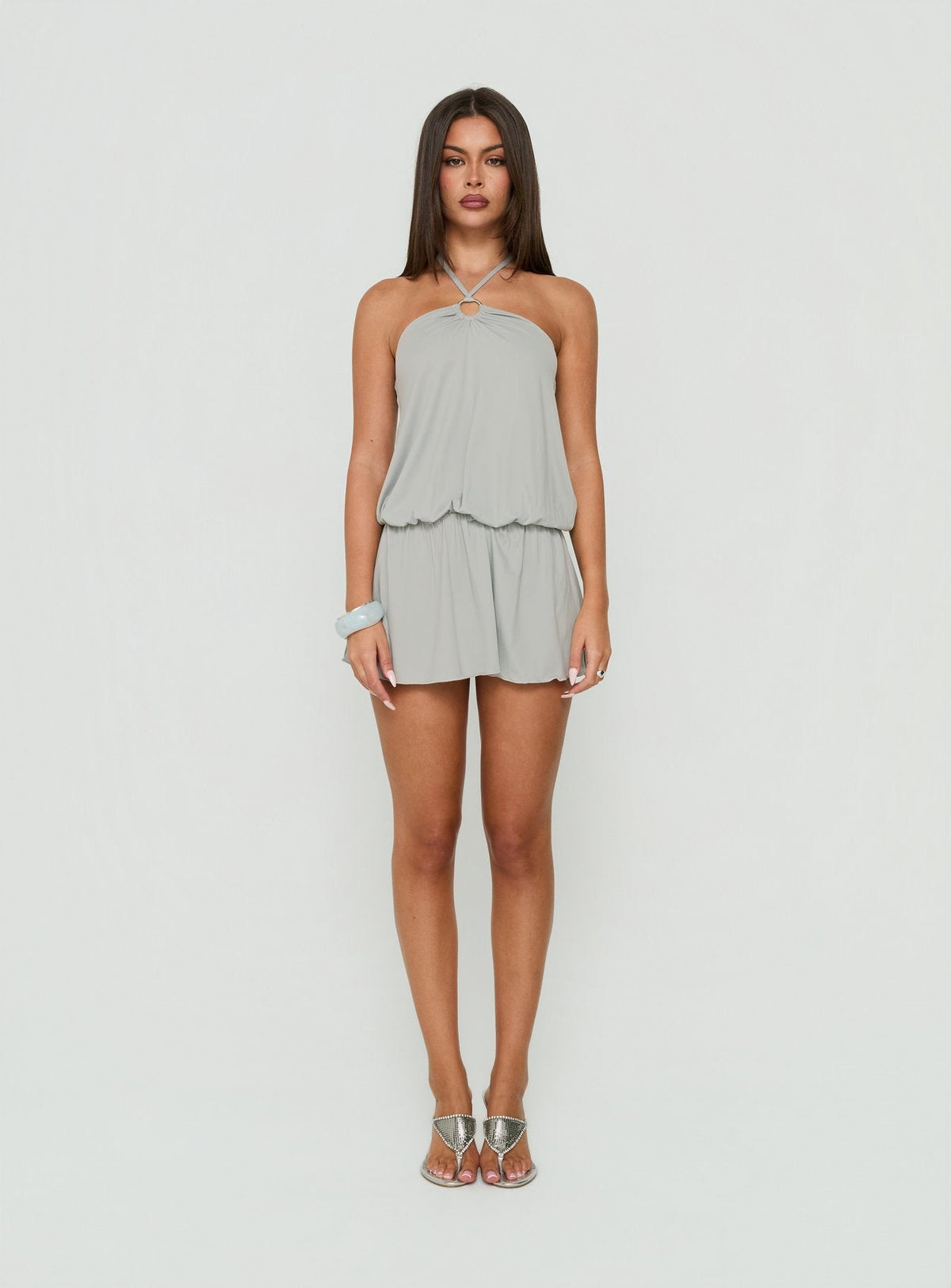 Roksy Tie Neck Drapey Romper Grey