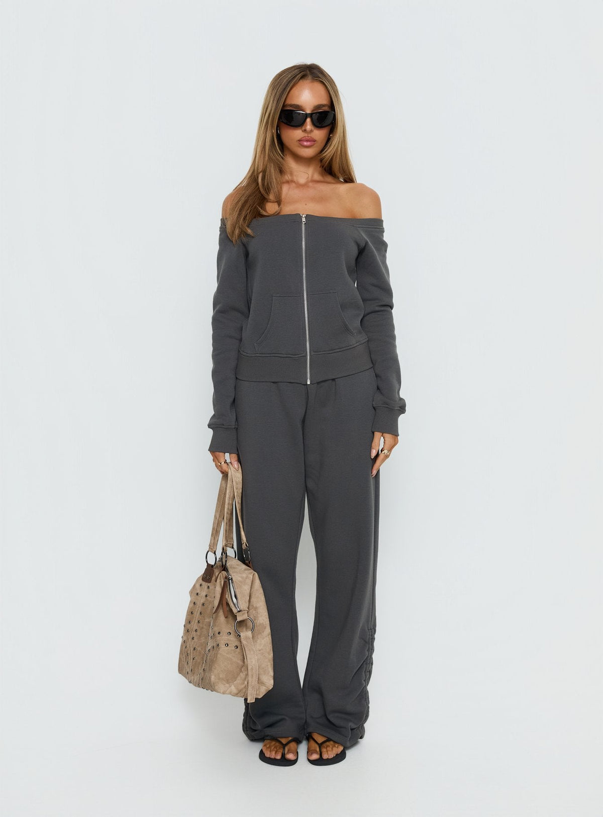 Airazo Off Shoulder Zip Through Sweatshirt Grey