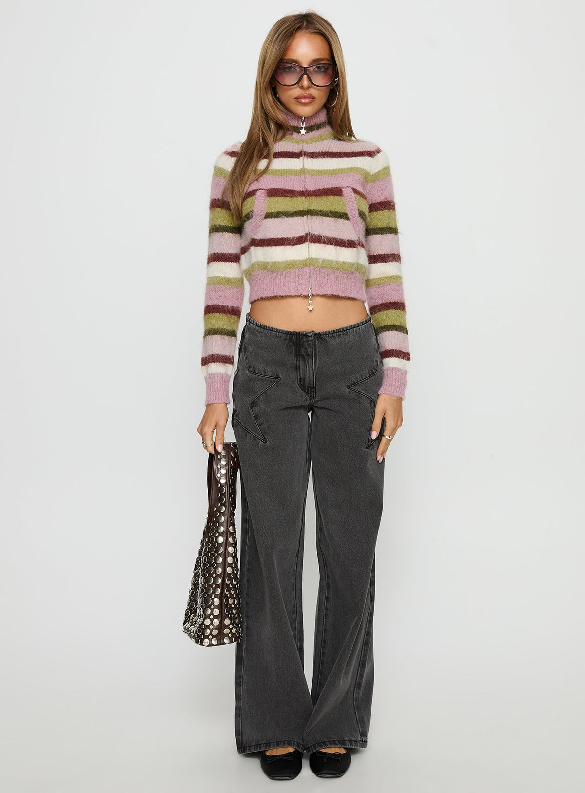 Dolley Star Stitch Mid Rise Wide Leg Jean Grey Wash