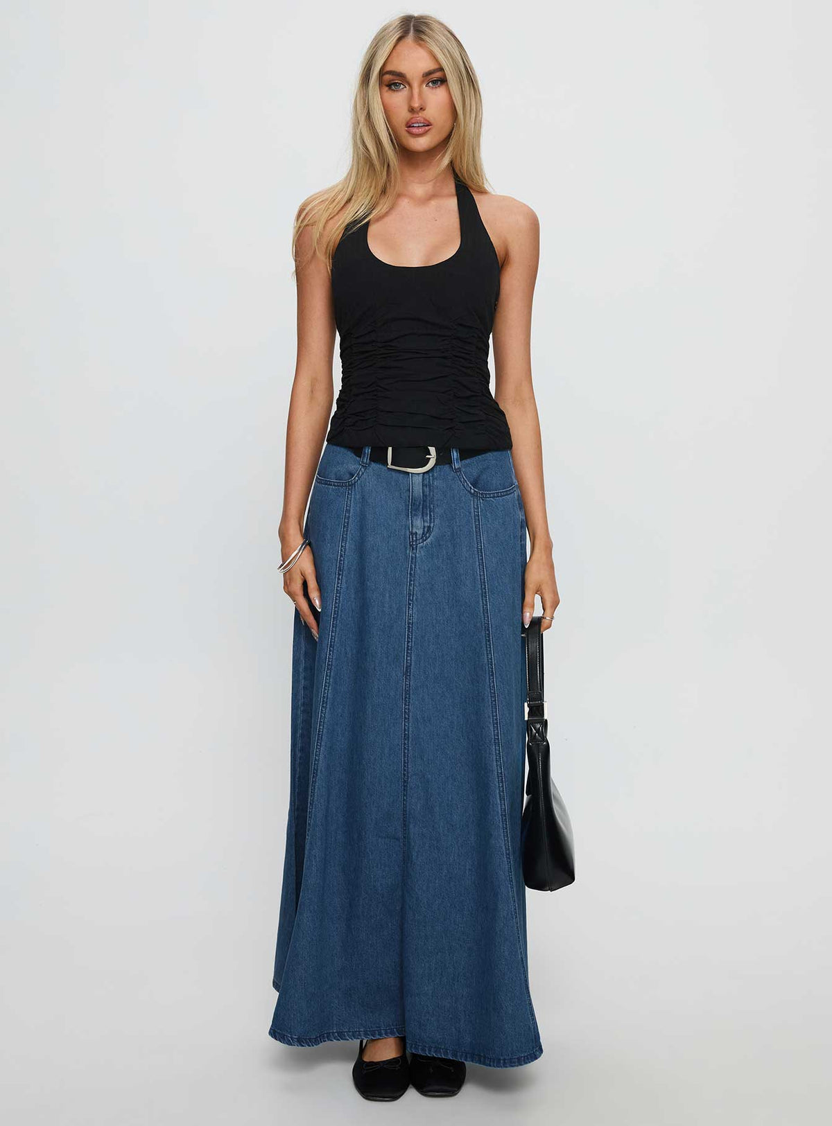 Charleigh Soft Pleat Denim Maxi Skirt Mid Blue Wash