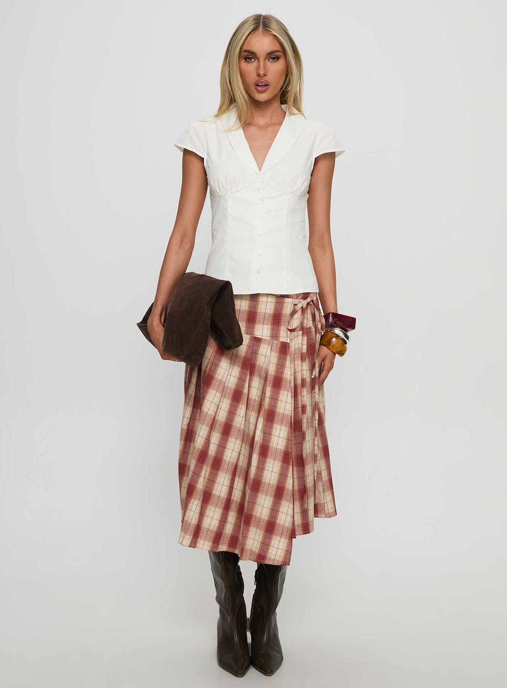 Norie Wrap Pleat Midi Skirt Red Plaid