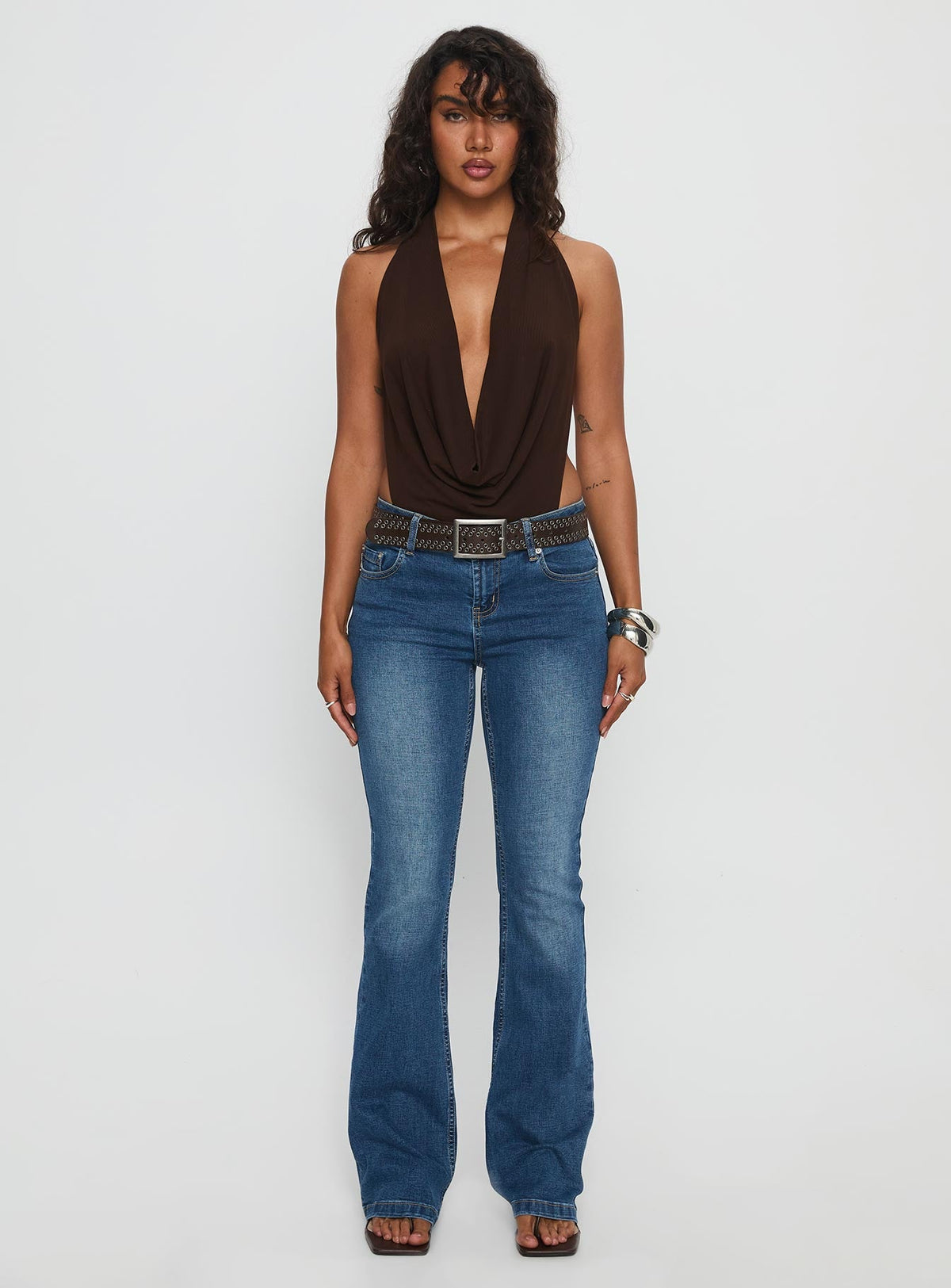 Quinna Plunge Neck Backless Bodysuit Chocolate