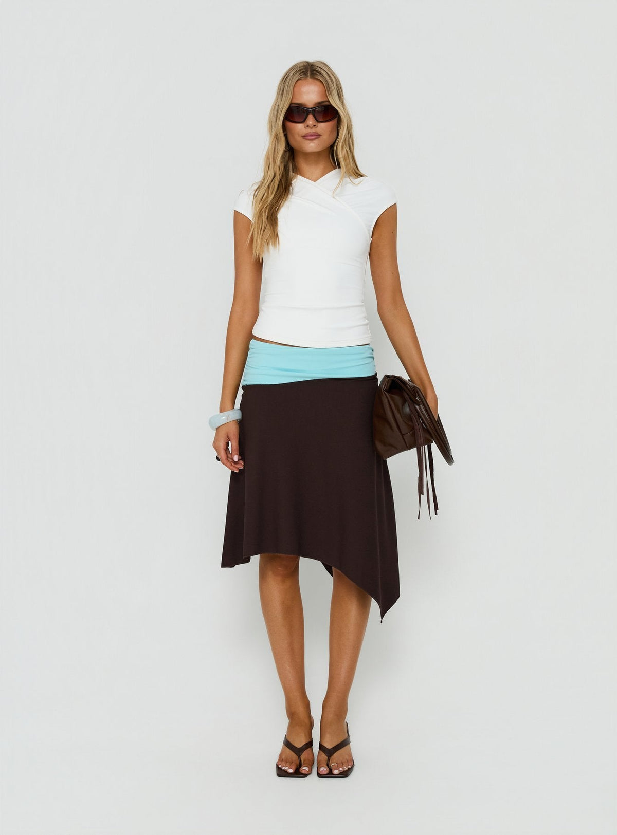 Suave Asymmetrical Contrast Midi Skirt Brown / Aqua