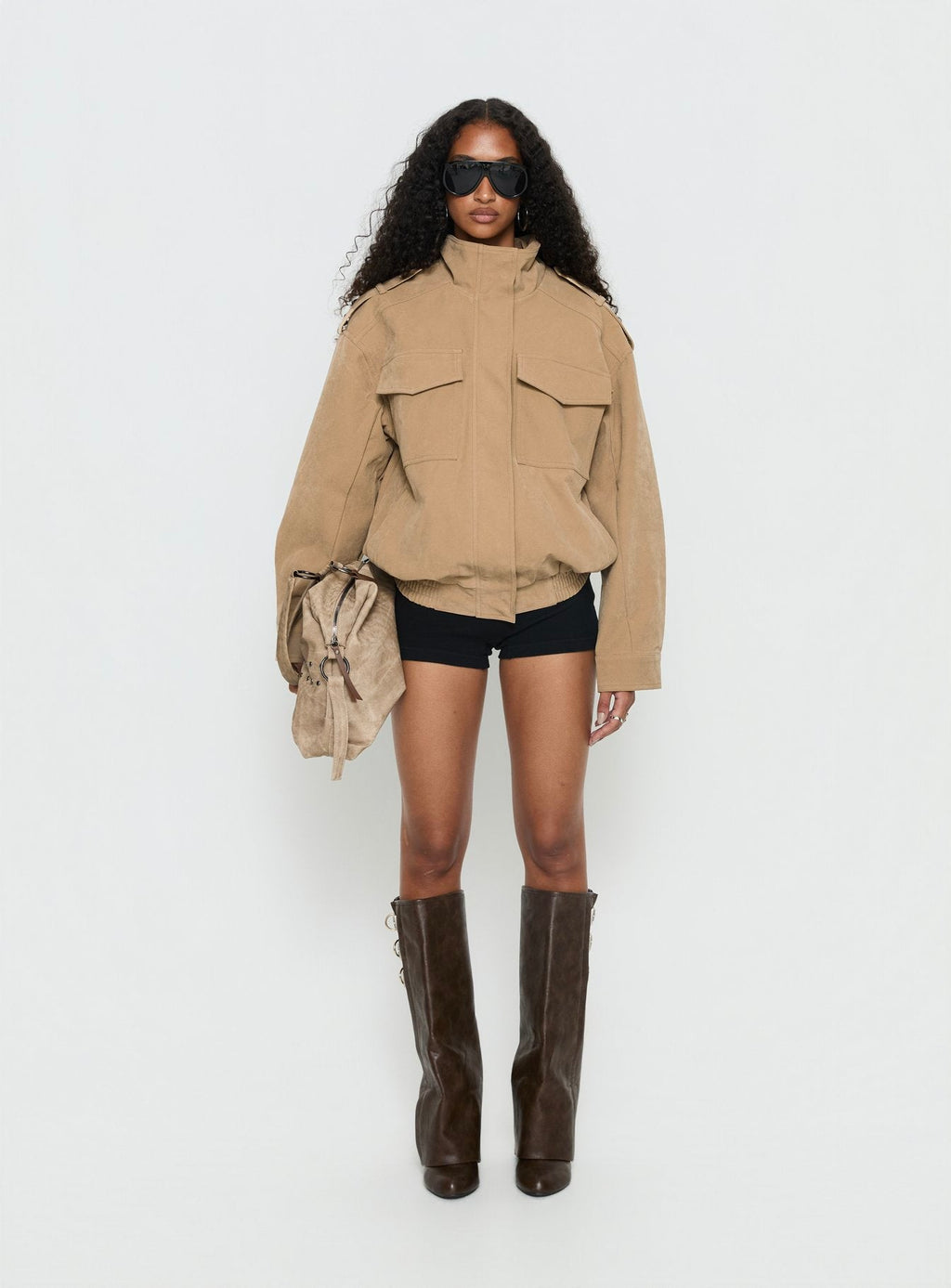 Double Life Funnel Neck Cargo Jacket Beige