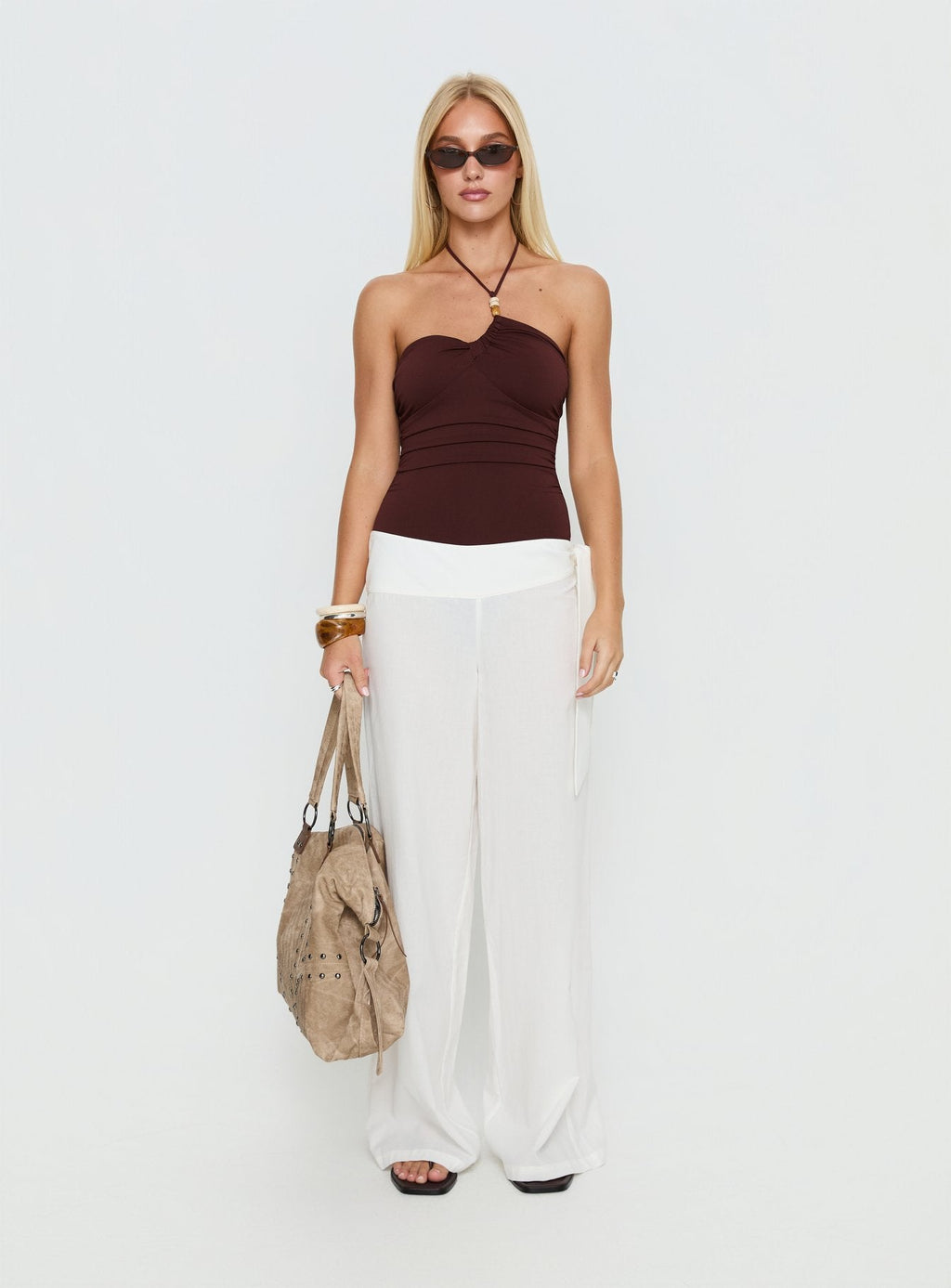 Meda Bead Detail Ruched Bodysuit Brown