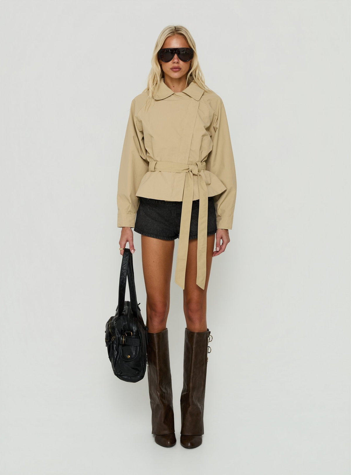 Ranique Tie Waist Cropped Trench Coat Beige