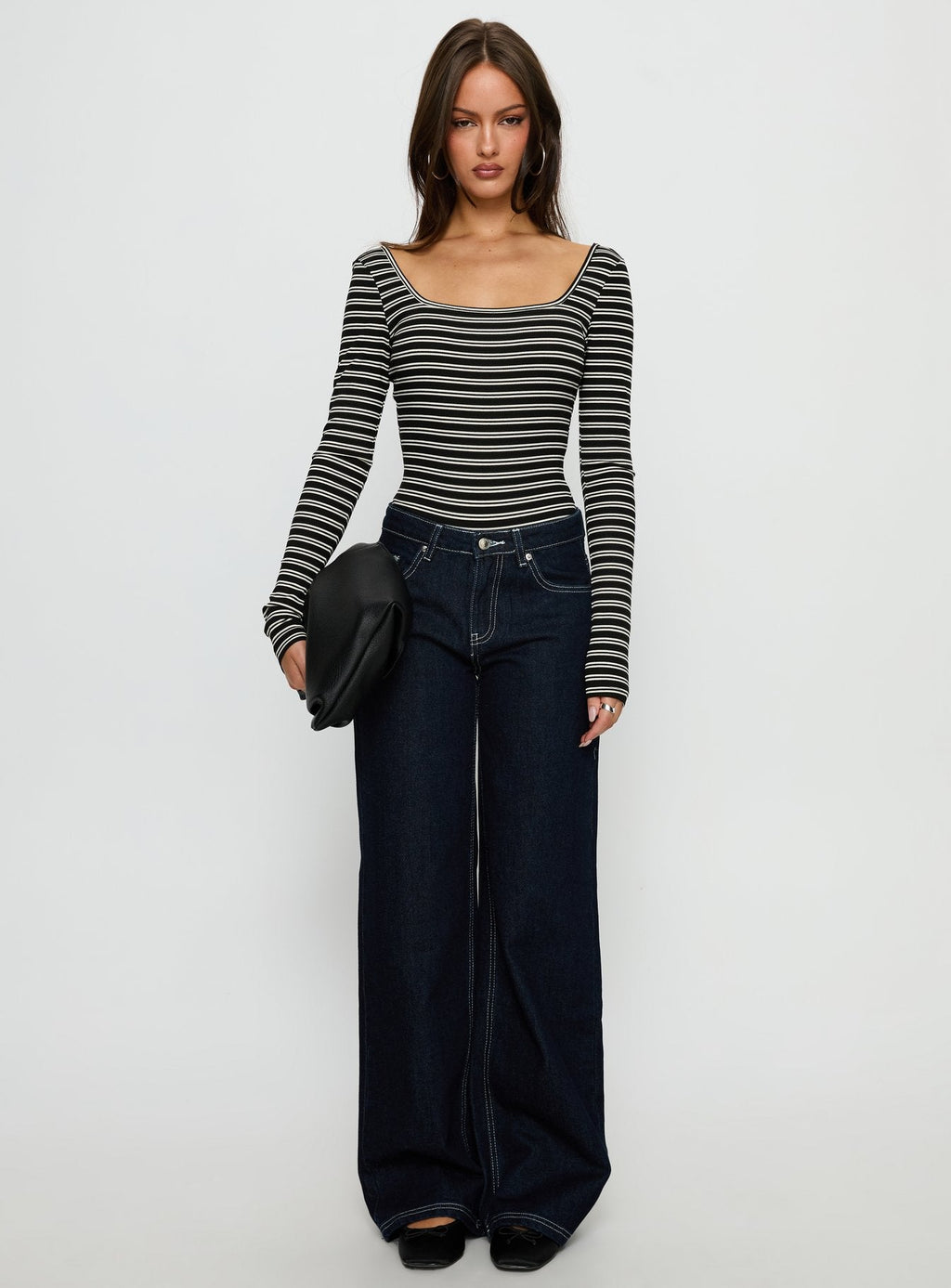 Donica Square Neck Long Sleeve Bodysuit Grey Stripe