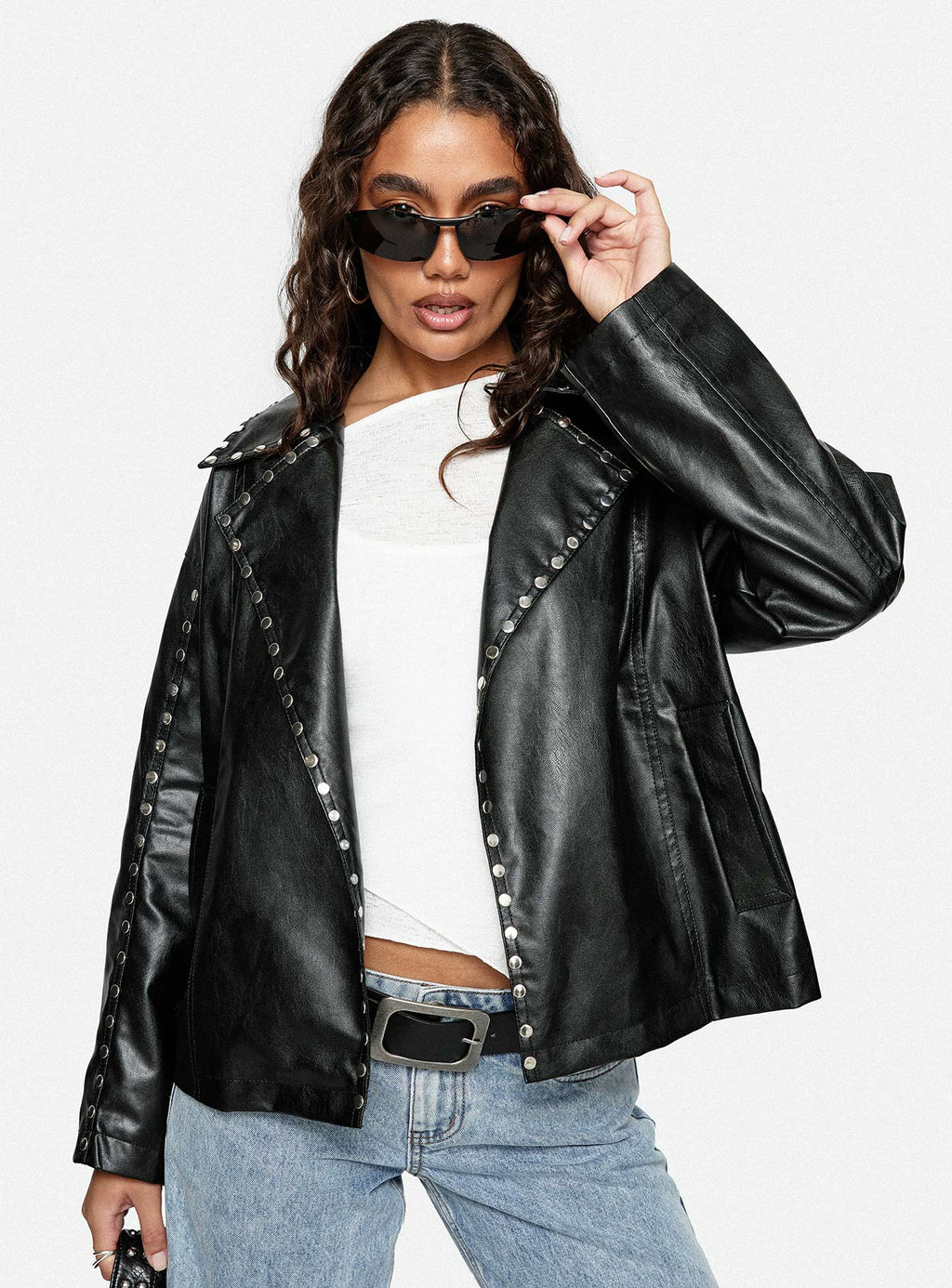 Kaeden Faux Leather Stud Detail Biker Jacket Black