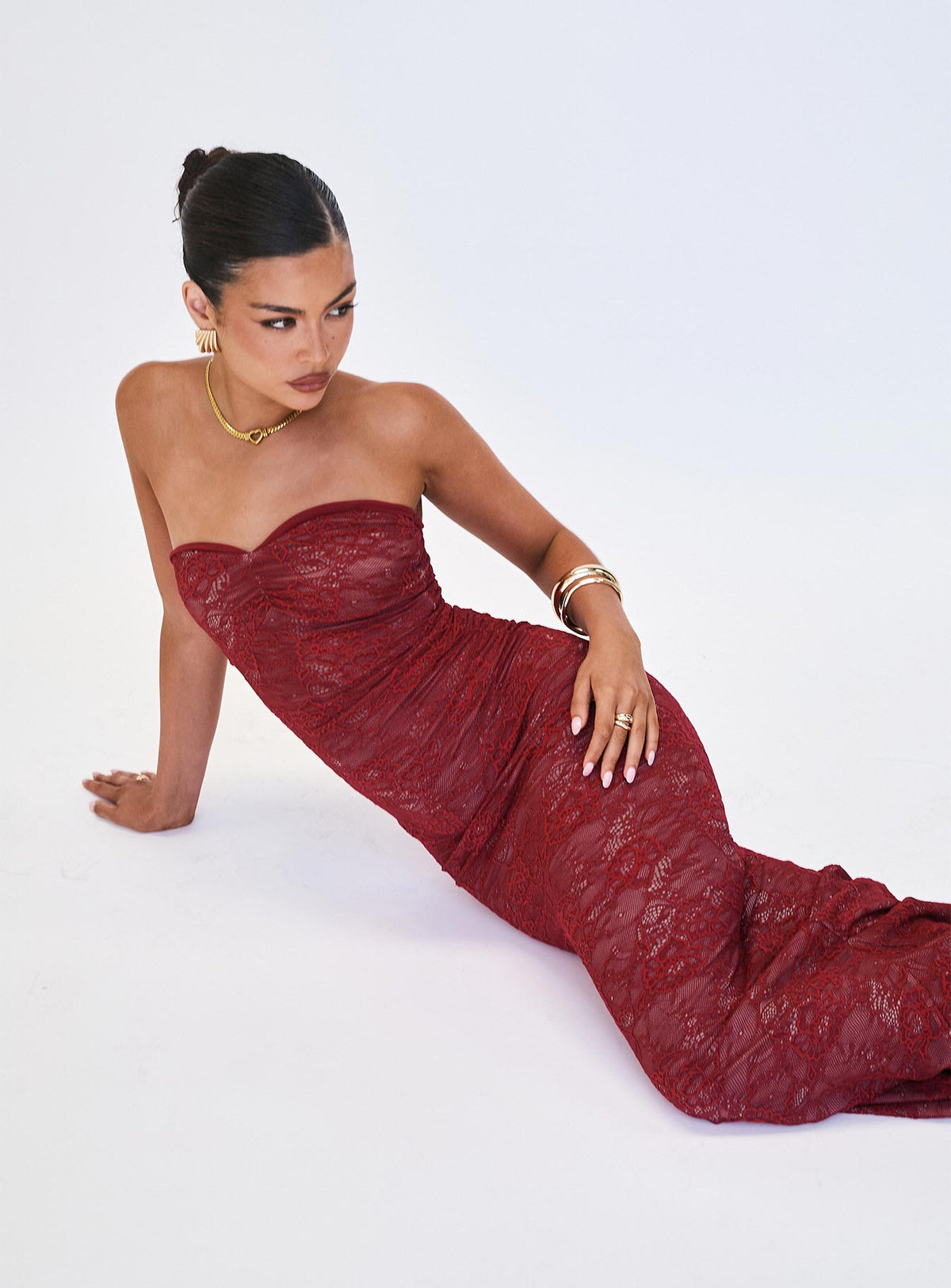 Hailees Lace Strapless Maxi Dress Red