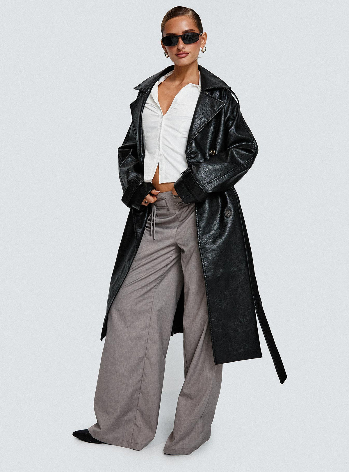Think Later Faux Leather Trench Coat Black