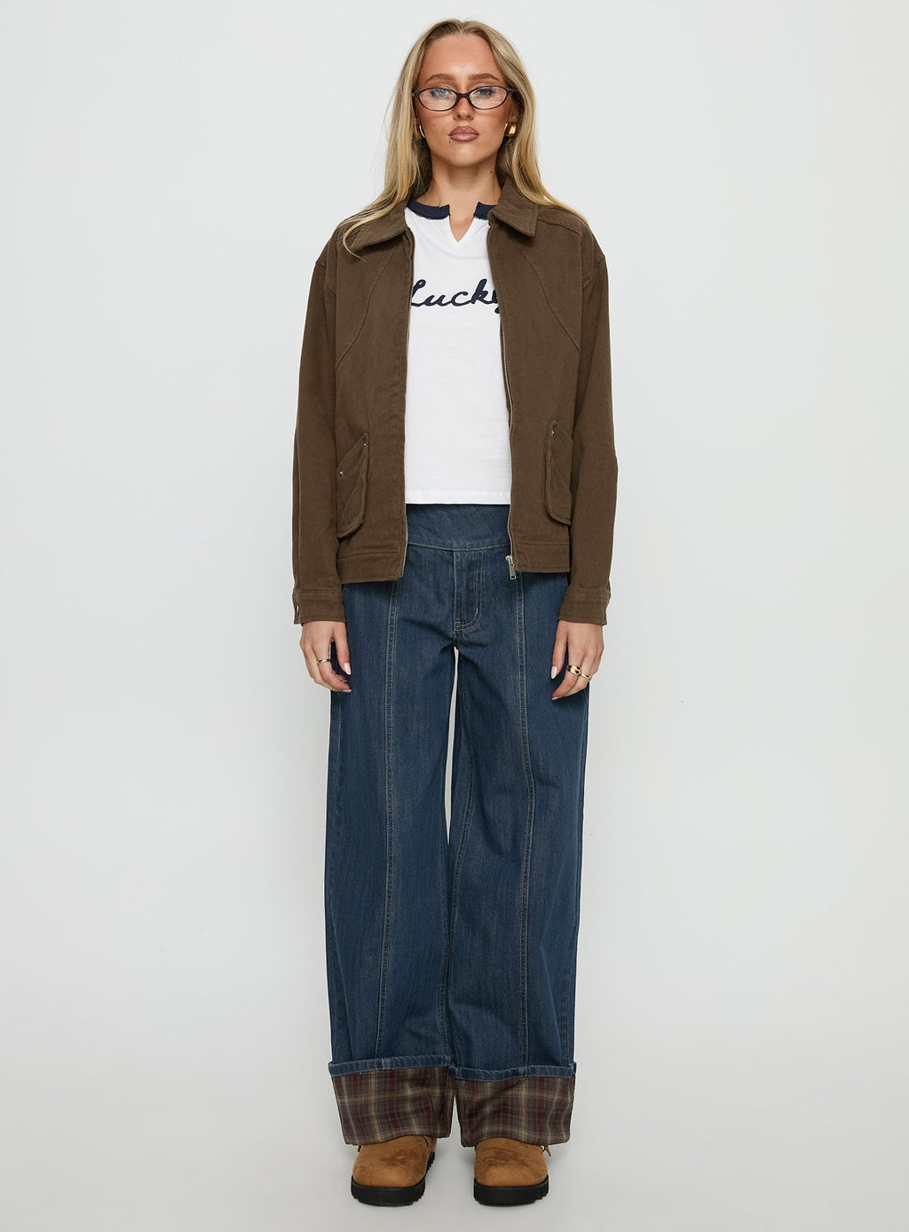 Nikoletta Foldover Jeans Dark Wash / Check