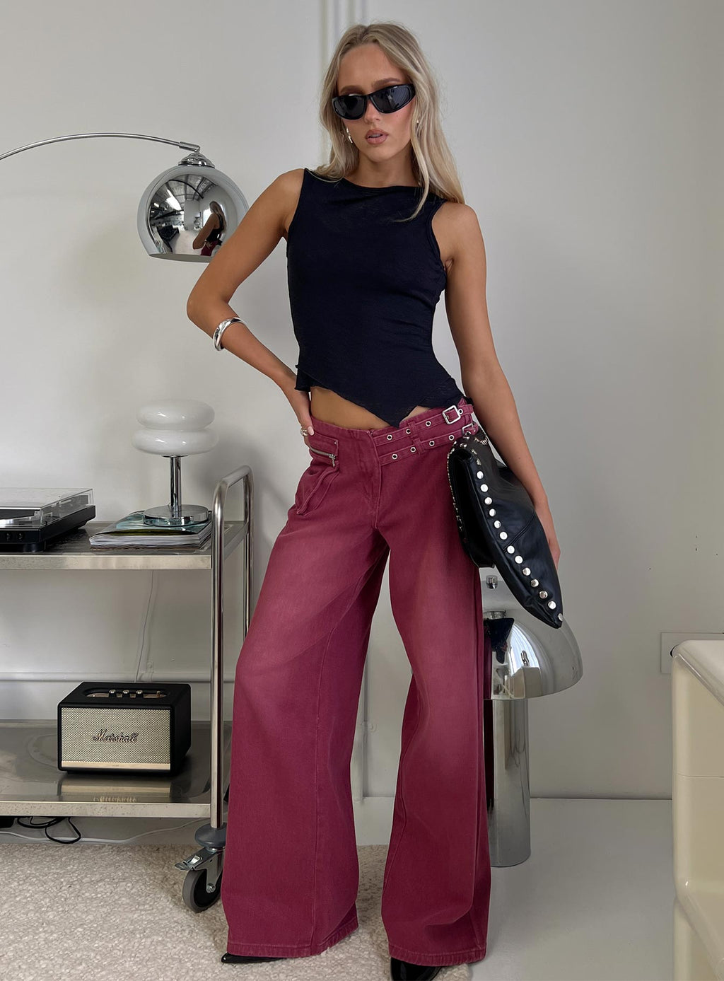 Paltrow Mid Rise Wide Leg Cargo Jeans Washed Burgundy