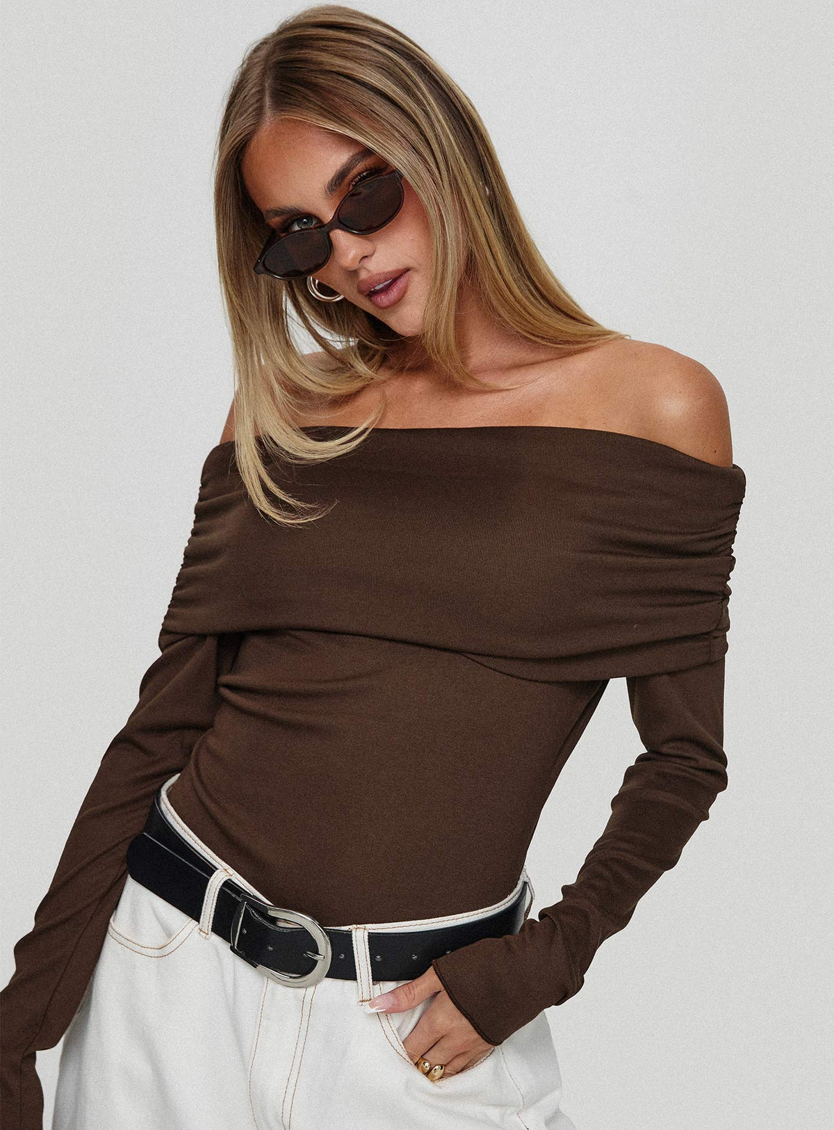 Spoilt Off The Shoulder Bodysuit Brown
