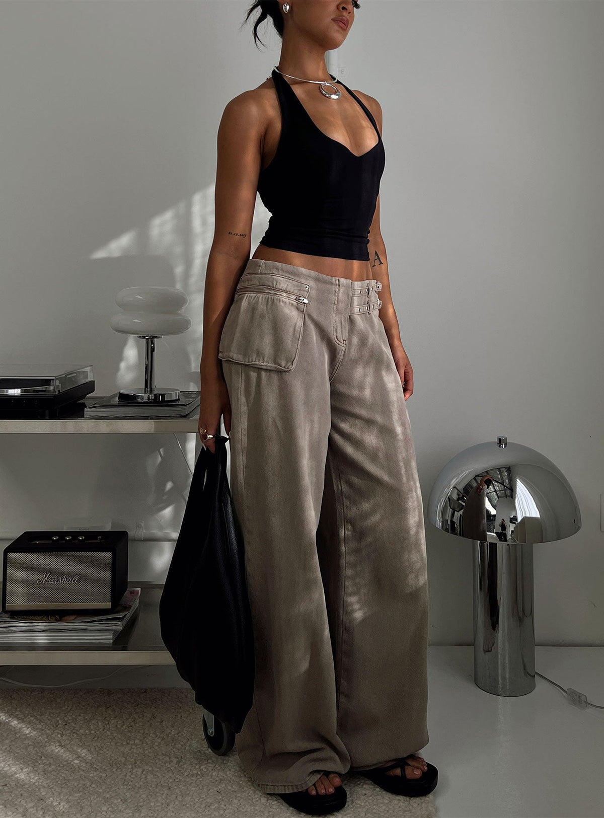 Paltrow Mid Rise Wide Leg Cargo Jeans Washed Brown Petite