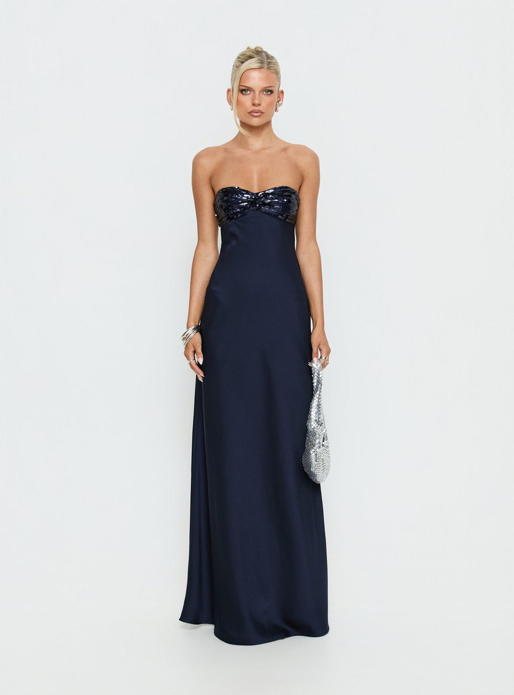 See The Vision Sequin Bust Strapless Maxi Dress Navy