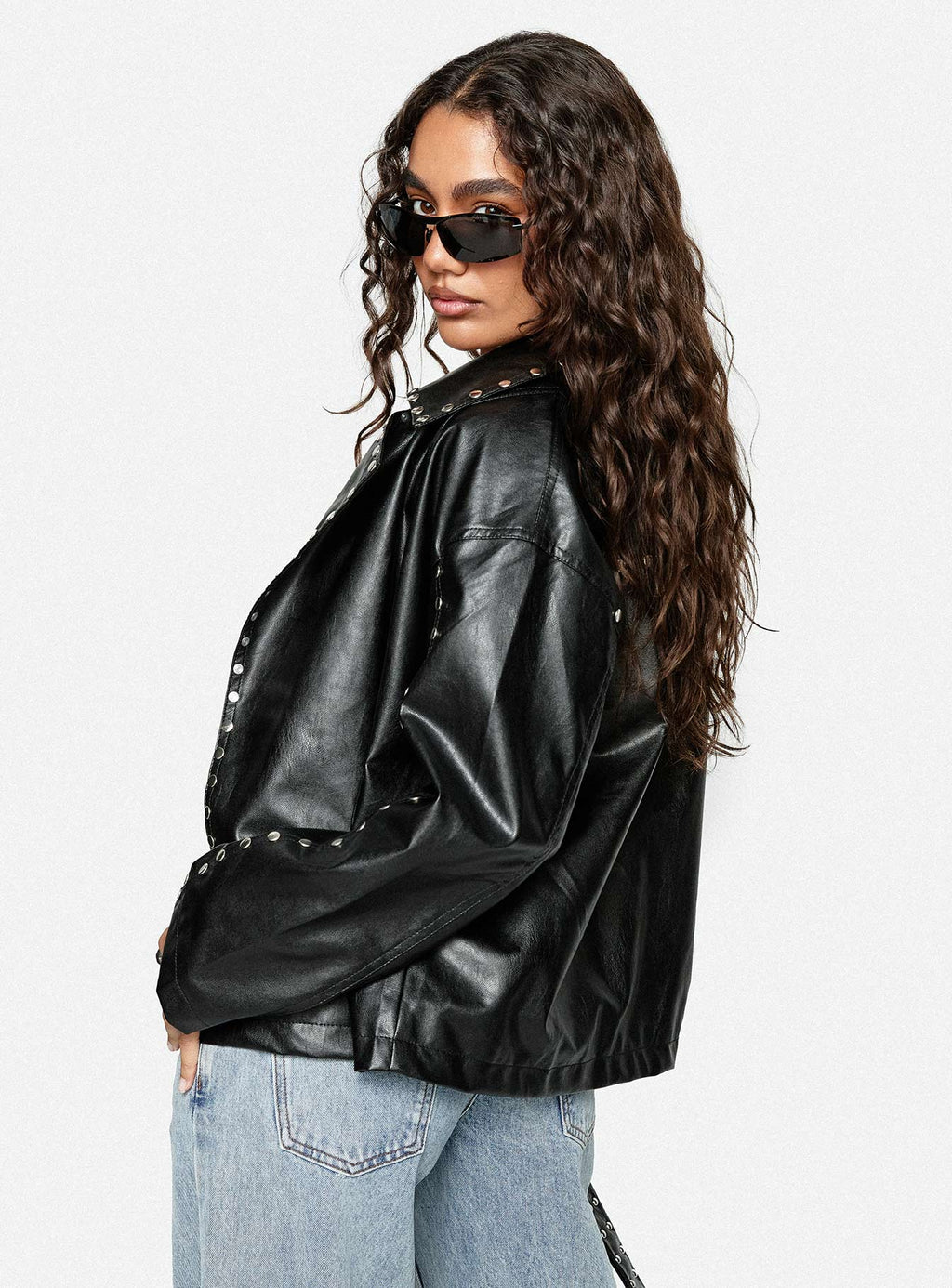 Kaeden Faux Leather Stud Detail Biker Jacket Black