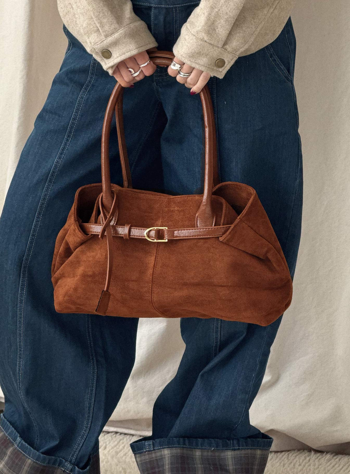 Yearning Faux Suede Buckle Detail Shoulder Bag Brown